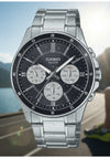 Cassims&Co. Casio stainless steel multifunction watch with black dial, three subdials, and water-resistant design.