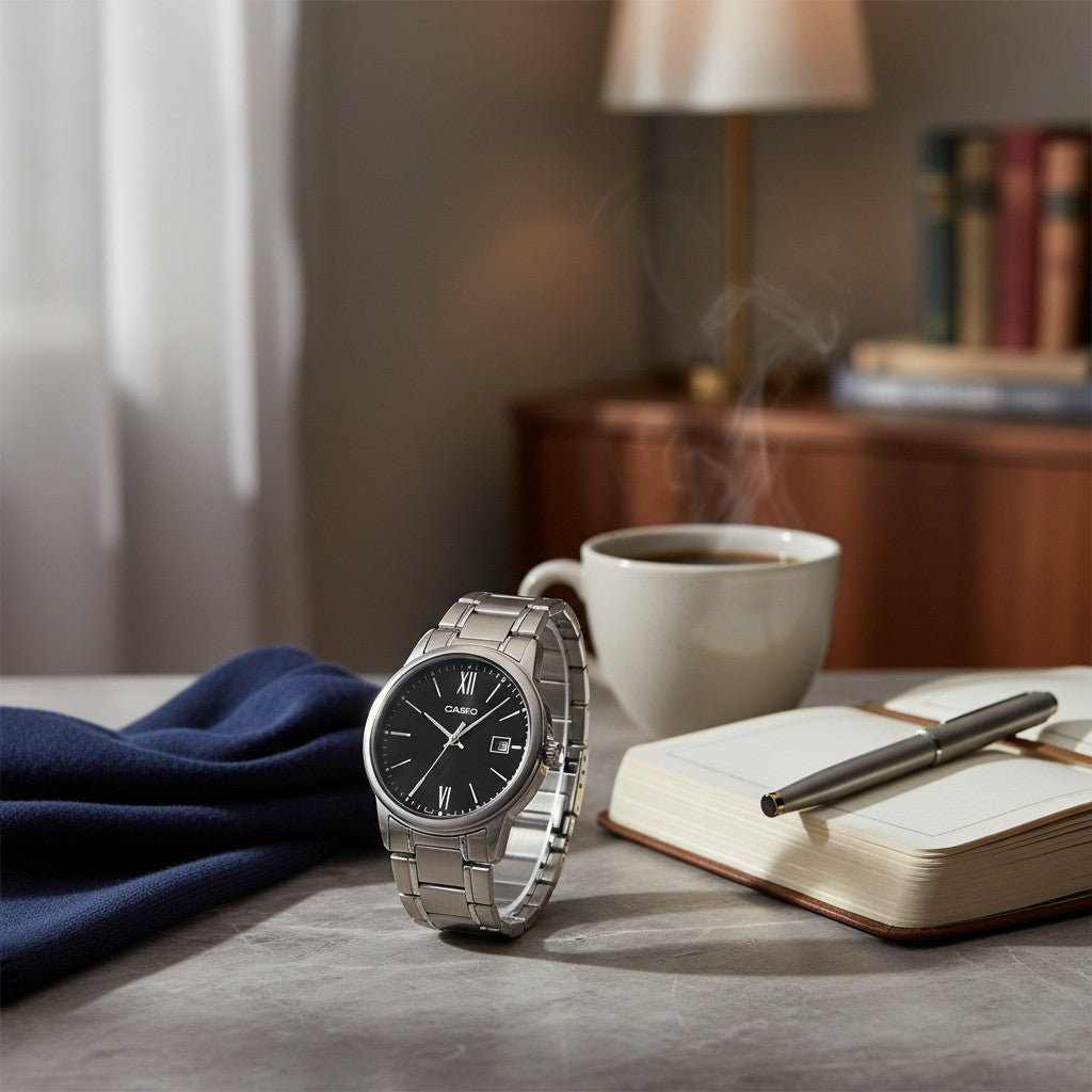 Cassims&Co. Casio stainless steel watch with black dial, Roman numerals, and date window on a desk with a notebook.