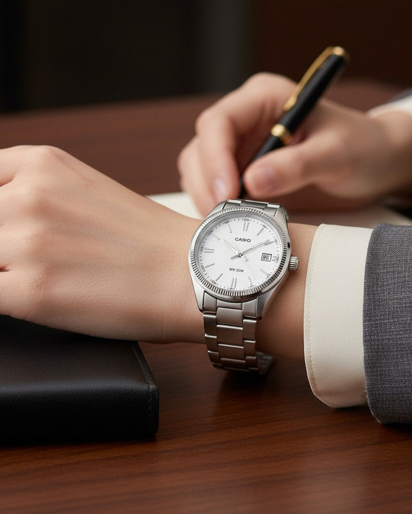 Cassims&Co. Casio UTP-1302PD stainless steel watch with white dial and coin-edge bezel worn on a wrist while writing.