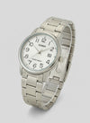 Cassims&Co. Casio stainless steel watch with a white dial, Arabic numerals, and a date window on a metal bracelet.