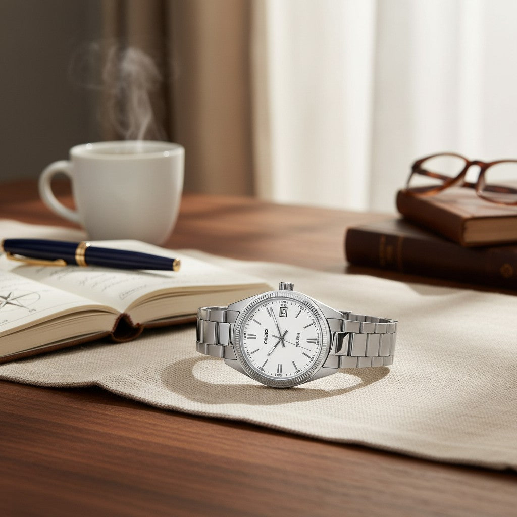 Cassims&Co. Casio UTP-1302PD stainless steel watch with a white dial and coin-edge bezel on a wooden desk.