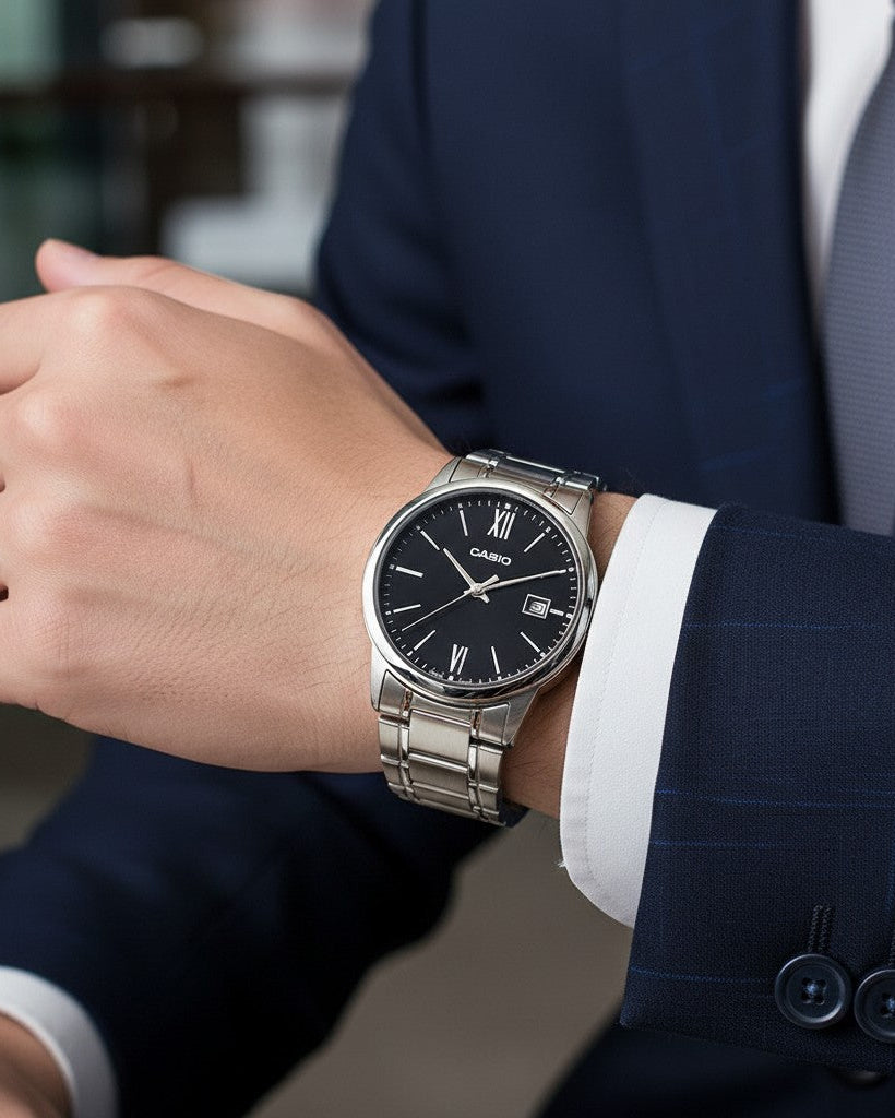 Cassims&Co. Casio quartz watch with a black dial and stainless steel bracelet worn on a man's wrist in a navy suit.