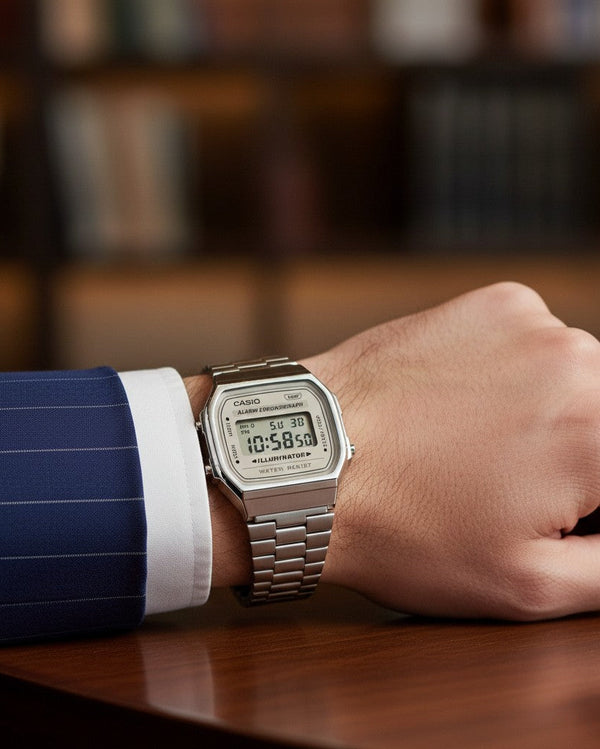 Cassims&Co. Casio Vintage A168WA digital watch with silver stainless steel bracelet worn on a wrist in a suit sleeve.