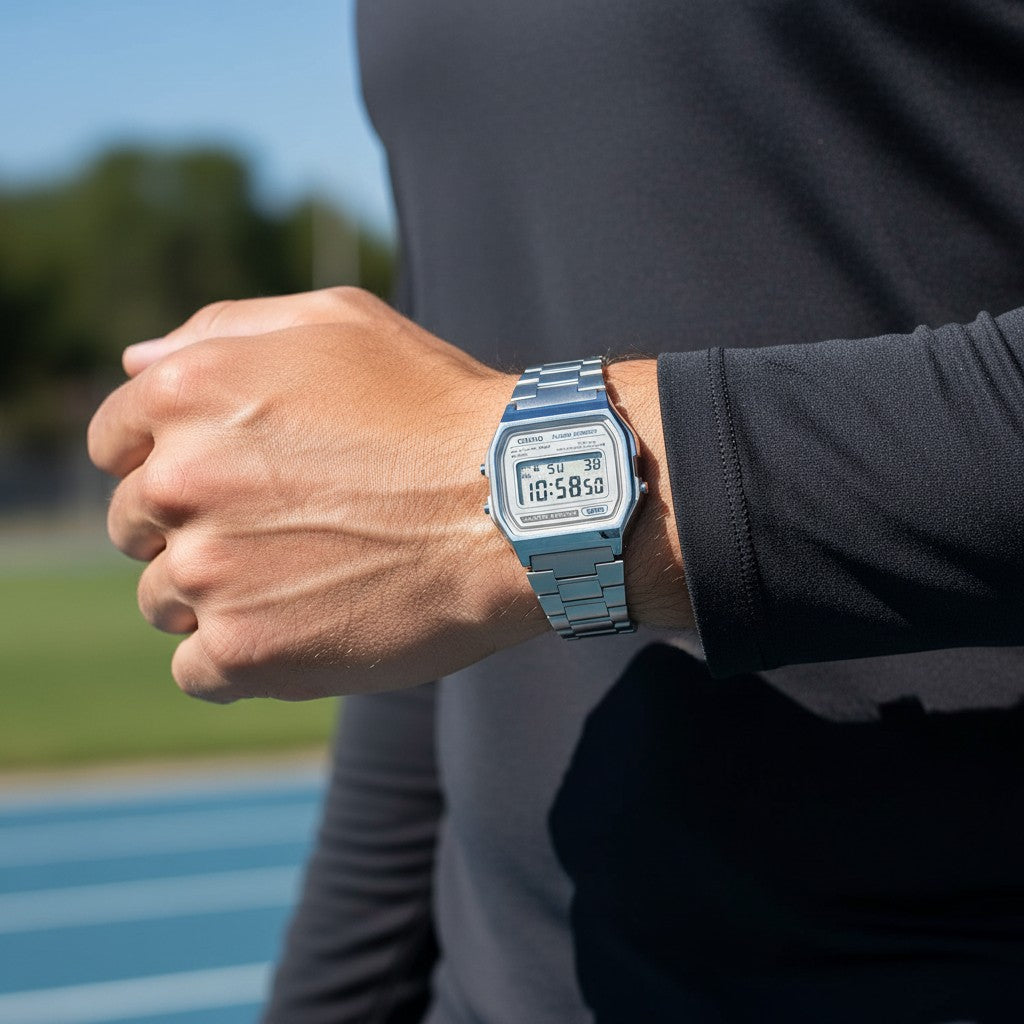 Cassims&Co. Casio vintage digital watch with silver stainless steel case and bracelet worn on a man's wrist outdoors.