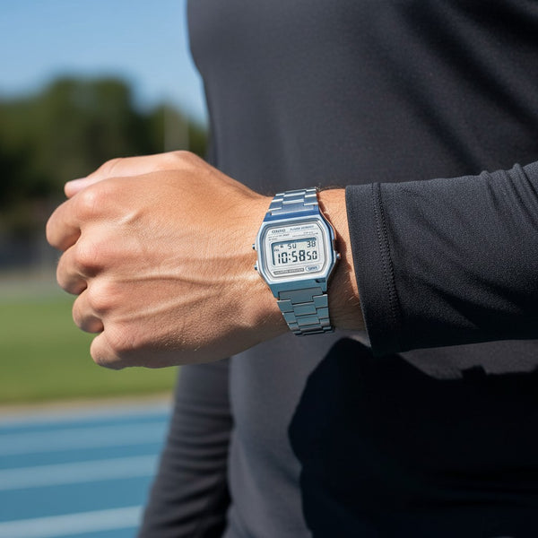 Cassims&Co. Casio vintage digital watch with silver stainless steel case and bracelet worn on a man's wrist outdoors.