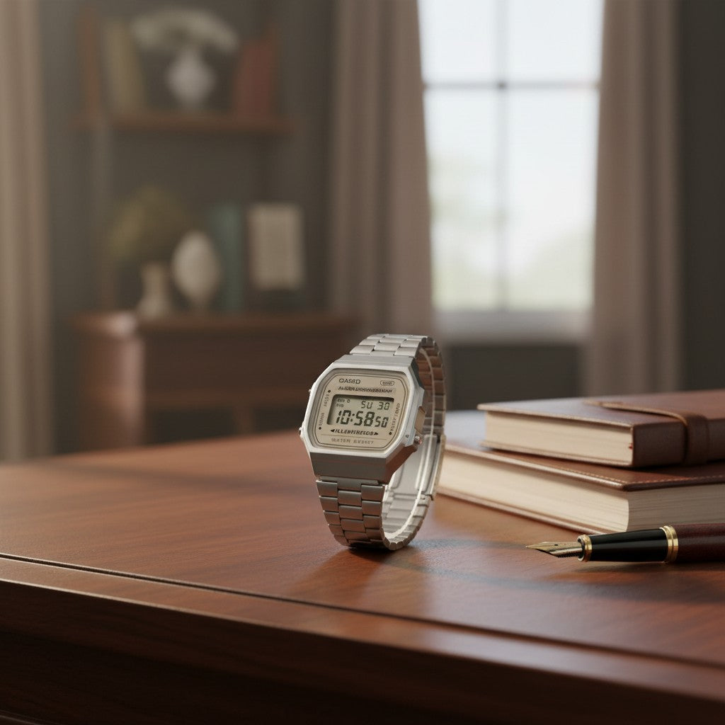 Cassims&Co. Casio Vintage A168WA digital watch with silver stainless steel case and bracelet on a wooden desk.