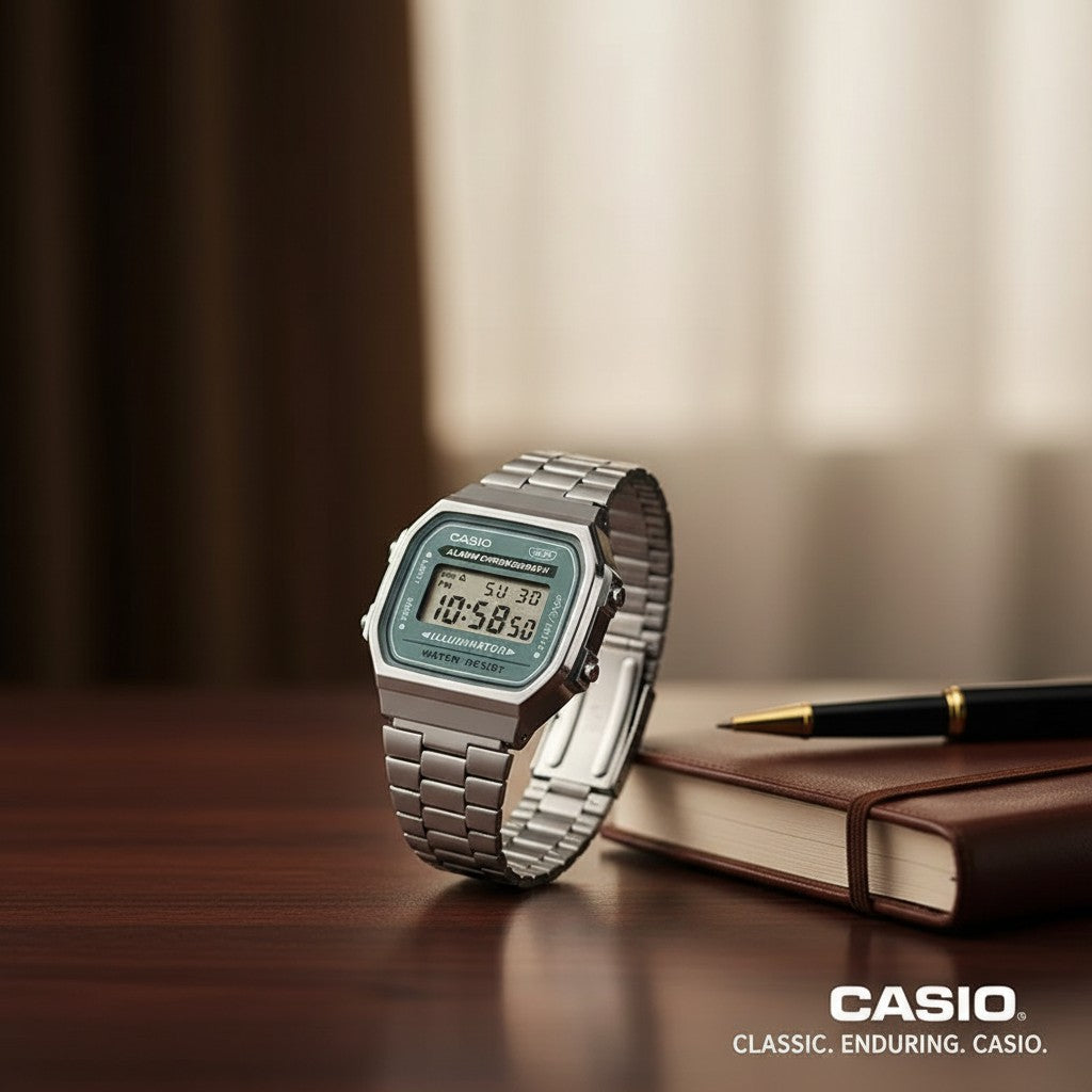 Cassims&Co. Casio Vintage digital watch with a green dial and stainless steel bracelet on a wooden desk.