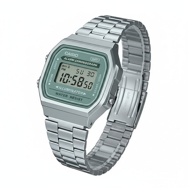 Cassims&Co. Casio Vintage digital watch with a green dial and stainless steel link bracelet on a white background.