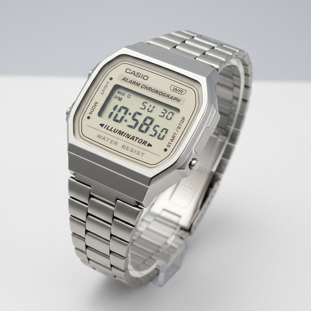 Cassims&Co. Casio Vintage A168WA silver stainless steel digital watch with LCD display and link bracelet