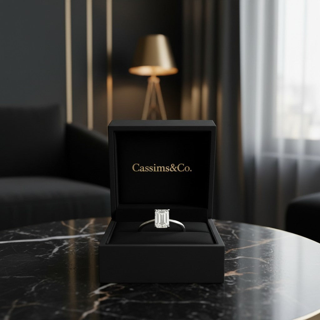 Cassims&Co. 1.00ct emerald-cut lab grown diamond solitaire engagement ring in 9ct white gold inside a black gift box.