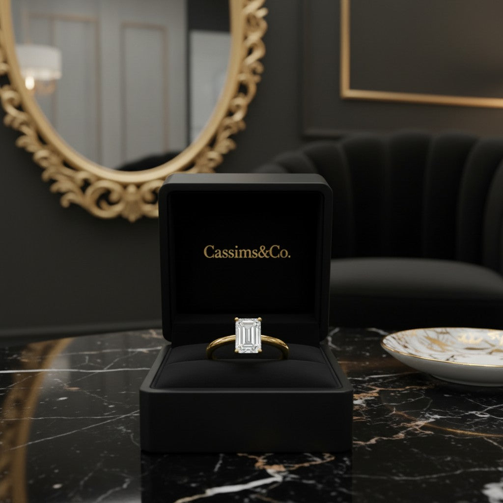 Cassims&Co. 9ct yellow gold emerald-cut lab grown diamond solitaire engagement ring in a black velvet presentation box.