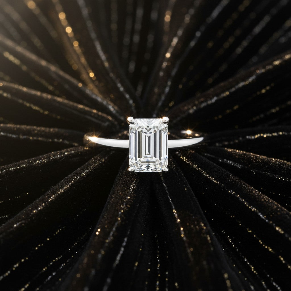 Cassims&Co. 1.00ct emerald-cut lab grown diamond solitaire engagement ring set in polished 9ct white gold.