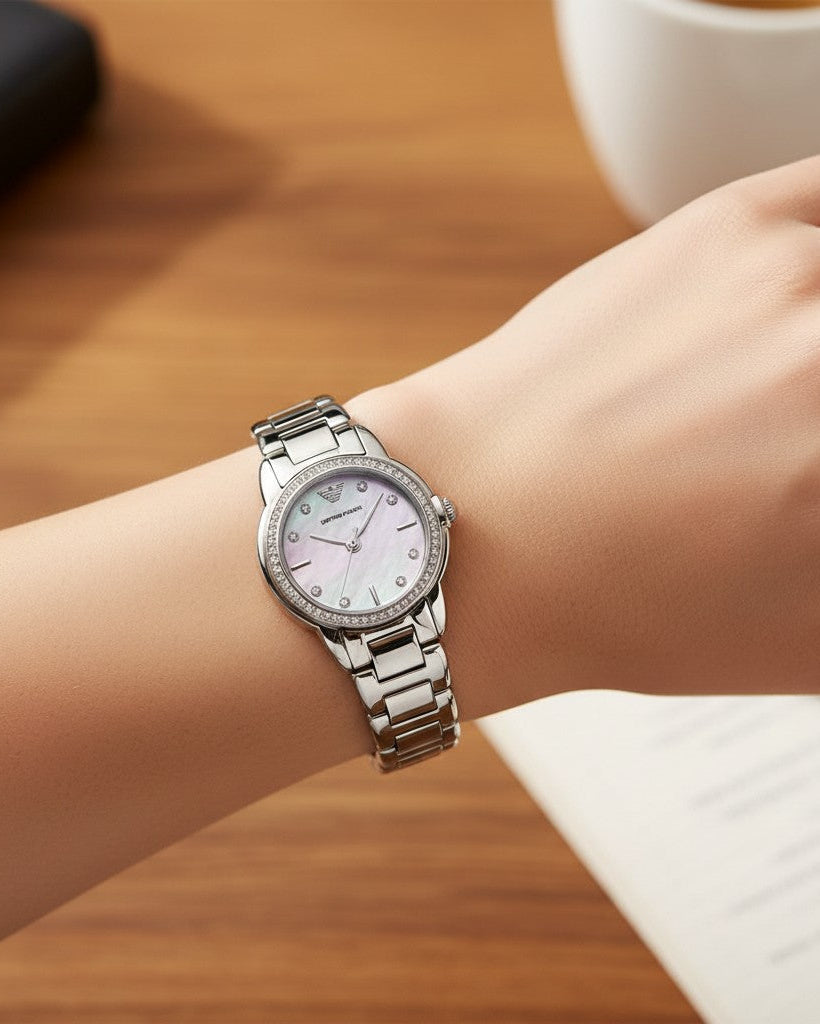 Cassims&Co. Emporio Armani AR11669 ladies watch with mother-of-pearl dial and crystal bezel on a stainless steel band