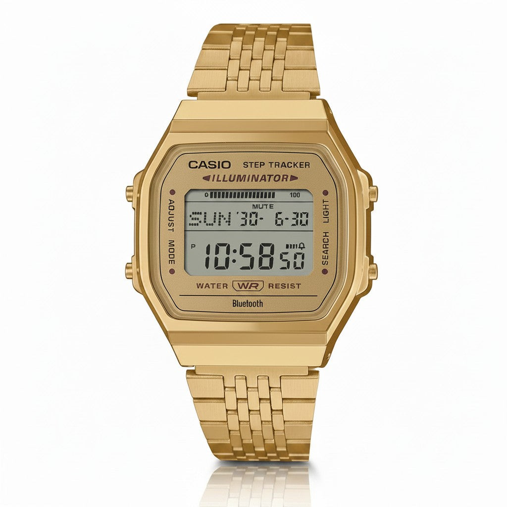 Cassims&Co. gold-tone Casio Vintage digital watch with step tracker, Bluetooth connectivity, and Illuminator display.