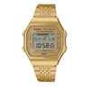 Cassims&Co. gold-tone Casio Vintage digital watch with step tracker, Bluetooth connectivity, and Illuminator display.