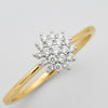 Cassims&Co. 9ct yellow gold engagement ring featuring a sparkling diamond flower cluster on a delicate gold band.