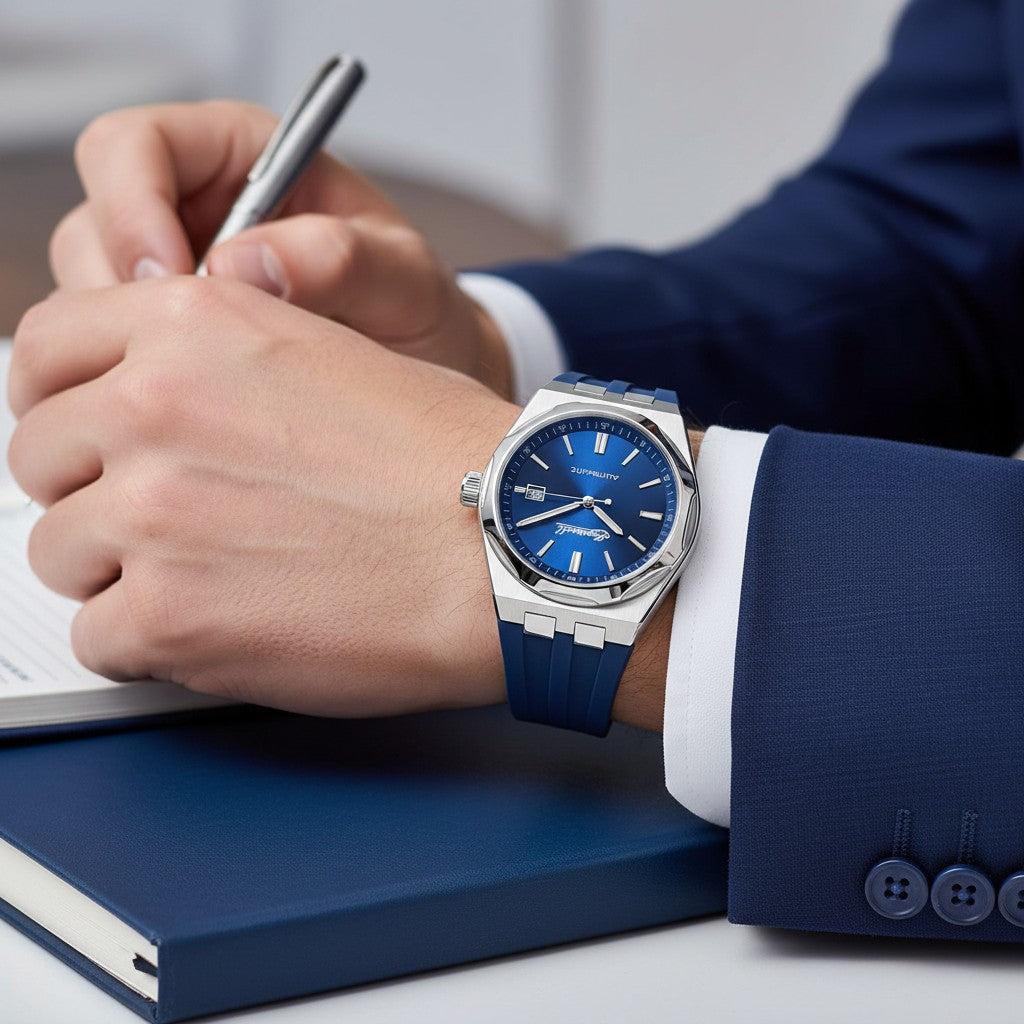 Cassims&Co. Ingersoll The Rider automatic watch with a blue dial and polyurethane strap worn on a man's wrist