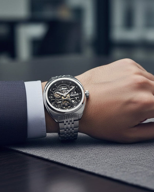 Cassims&Co. Ingersoll The Wrangler automatic skeleton watch with black dial and stainless steel bracelet on a wrist.