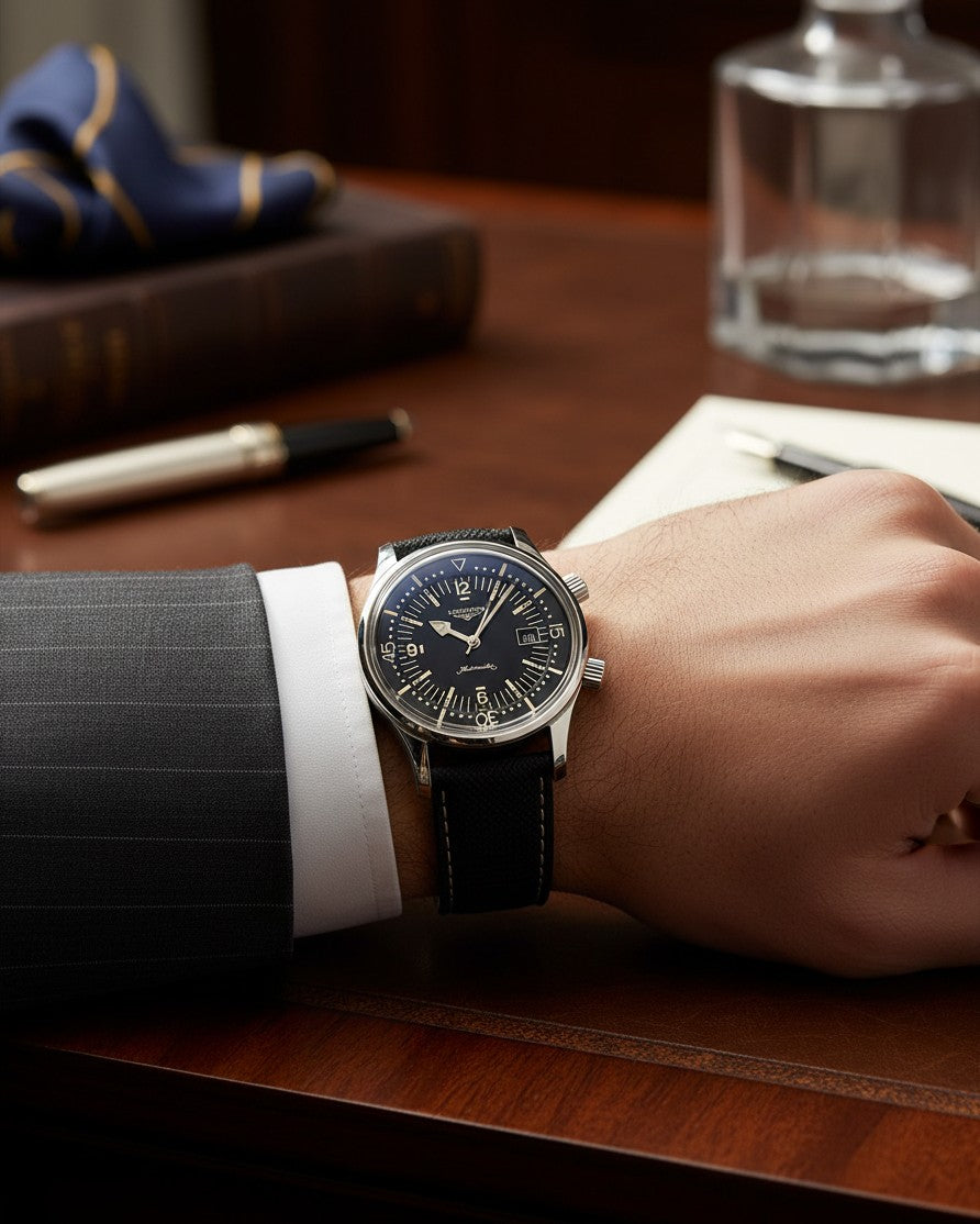 Cassims&Co. Longines Legend Diver watch with black dial and fabric strap worn on a man's wrist in a formal setting.