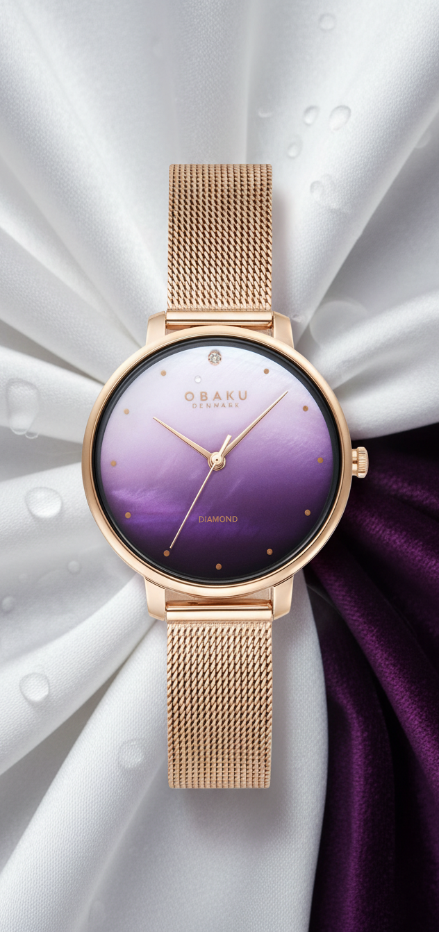 Cassims&Co. Obaku Denmark watch with a purple gradient dial, rose gold mesh strap, and a diamond at 12 o'clock.
