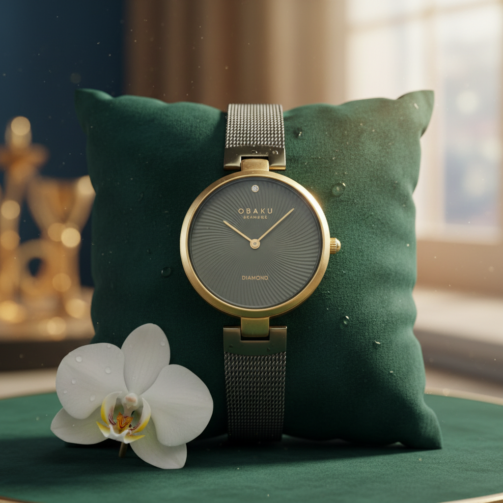 Cassims&Co. Obaku Diamant watch with a grey sunray dial, diamond accent, and gold-tone bezel on a mesh bracelet.