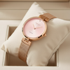 Cassims&Co. Obaku Diamant Peony watch with a pink sunray dial, diamond accent, and rose gold mesh strap in a gift box.