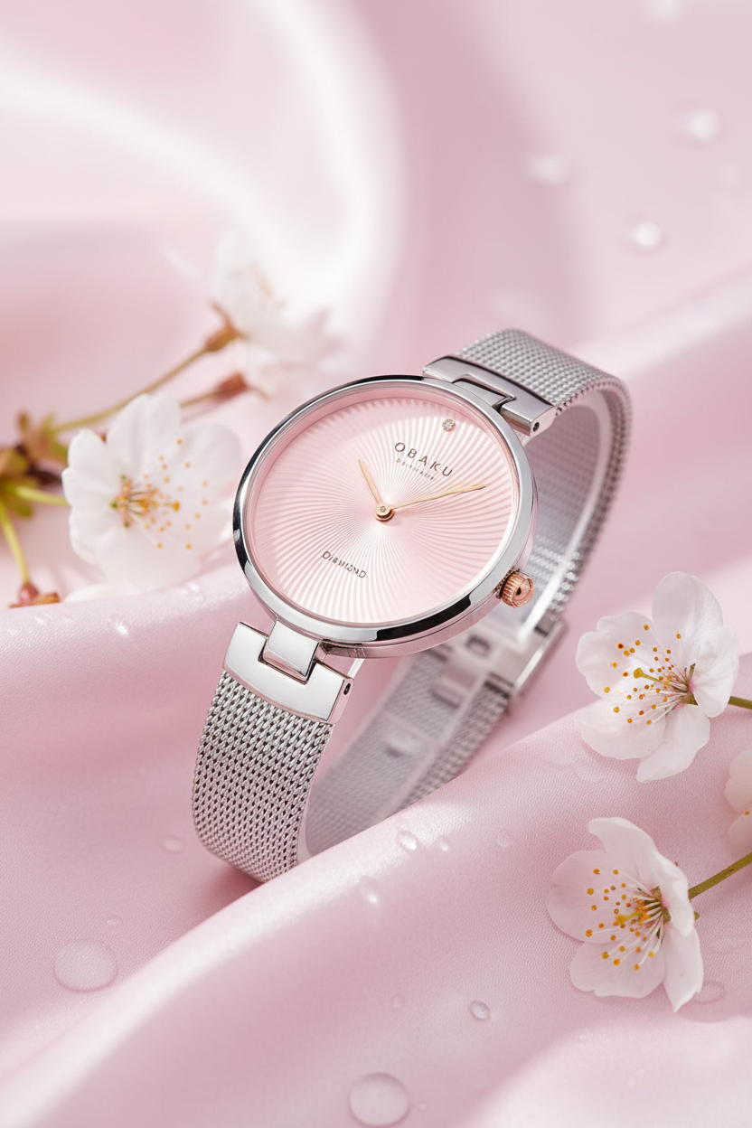 Cassims&Co. Obaku Diamant watch with a pink sunburst dial, diamond accent, and silver mesh strap on pink silk fabric.
