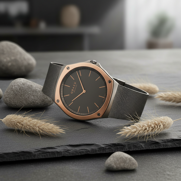 Cassims&Co. Obaku Lagen Granite watch with a grey mother-of-pearl dial, rose gold bezel, and black mesh bracelet.