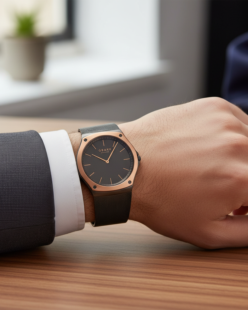 Cassims&Co. Obaku Lagen Granite watch with rose gold bezel and black mesh bracelet worn on a wrist