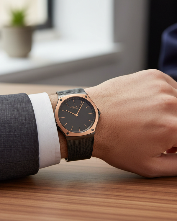 Cassims&Co. Obaku Lagen Granite watch with rose gold bezel and black mesh bracelet worn on a wrist
