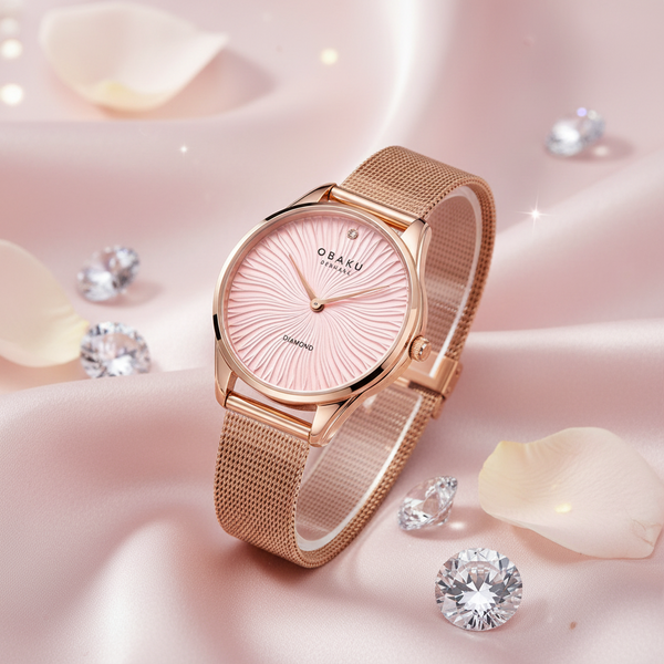 Cassims&Co. Obaku Smykke rose gold watch with a pink sunburst dial, diamond accent, and mesh strap on satin fabric.