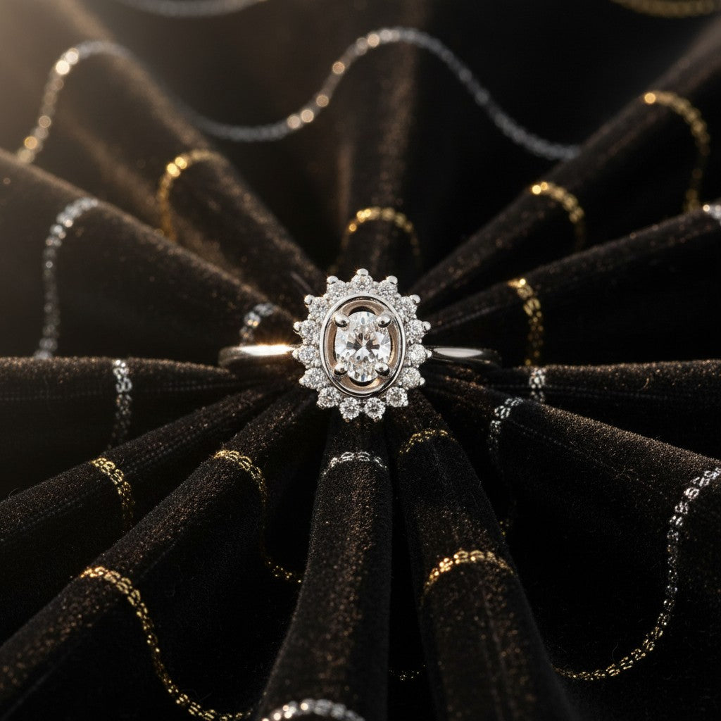 Cassims&Co. 9ct white gold engagement ring featuring an oval cluster diamond halo design on black velvet fabric.
