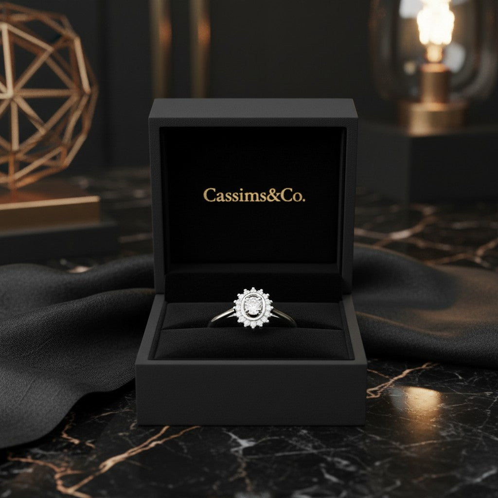 Cassims&Co. 9ct white gold oval cluster diamond engagement ring in a black velvet presentation box.