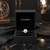 Cassims&Co. 9ct white gold oval cluster diamond engagement ring in a black velvet presentation box.