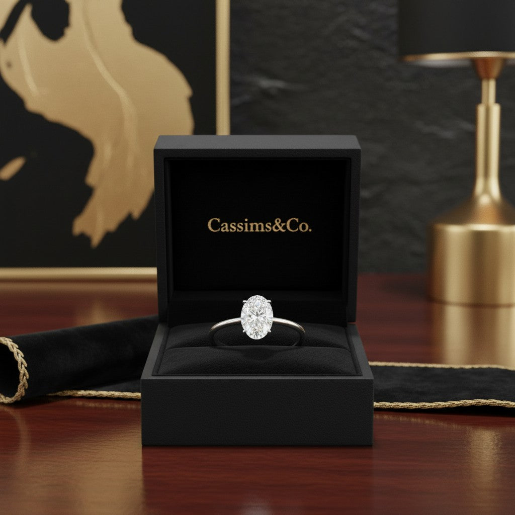 Cassims&Co. 1.5ct oval lab grown diamond solitaire engagement ring in 9ct white gold inside a black velvet box.