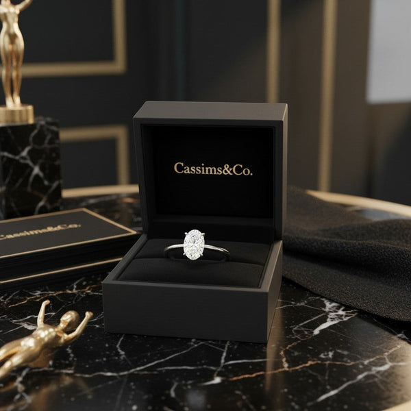 Cassims&Co. 1.00ct oval lab grown diamond solitaire engagement ring in 9ct white gold inside a black jewellery box.