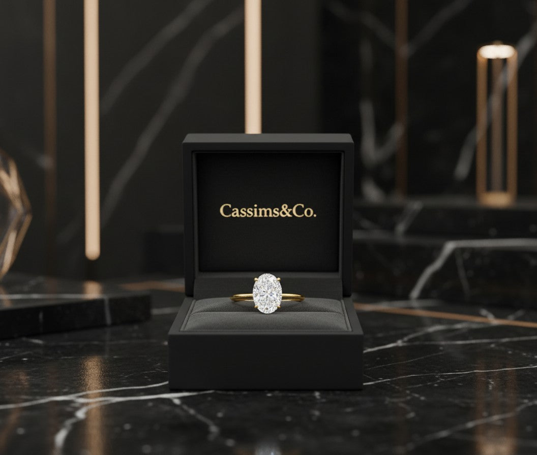 Cassims&Co. 9ct yellow gold engagement ring featuring a 2.00ct oval lab grown diamond in a classic solitaire setting.