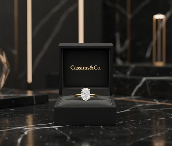 Cassims&Co. 9ct yellow gold engagement ring featuring a 2.00ct oval lab grown diamond in a classic solitaire setting.