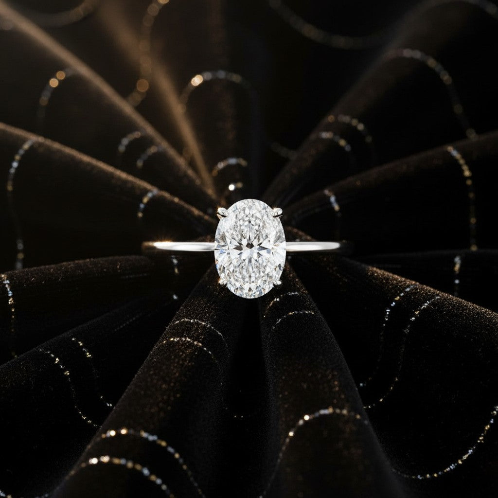 Cassims&Co. 9ct white gold engagement ring with a 1.5ct oval lab grown diamond in a classic four-claw solitaire setting