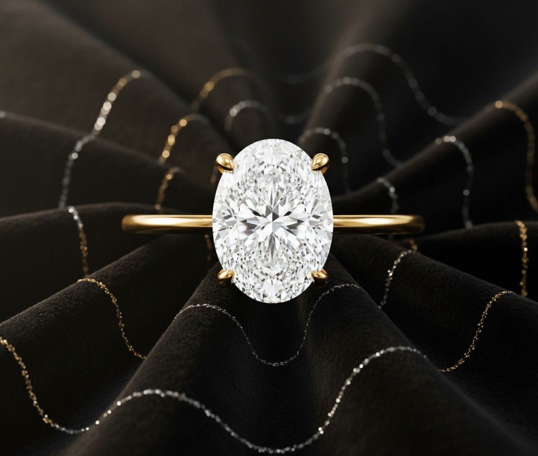Cassims&Co. 9ct yellow gold engagement ring featuring a 2.00ct oval lab grown diamond in a four-prong solitaire setting.