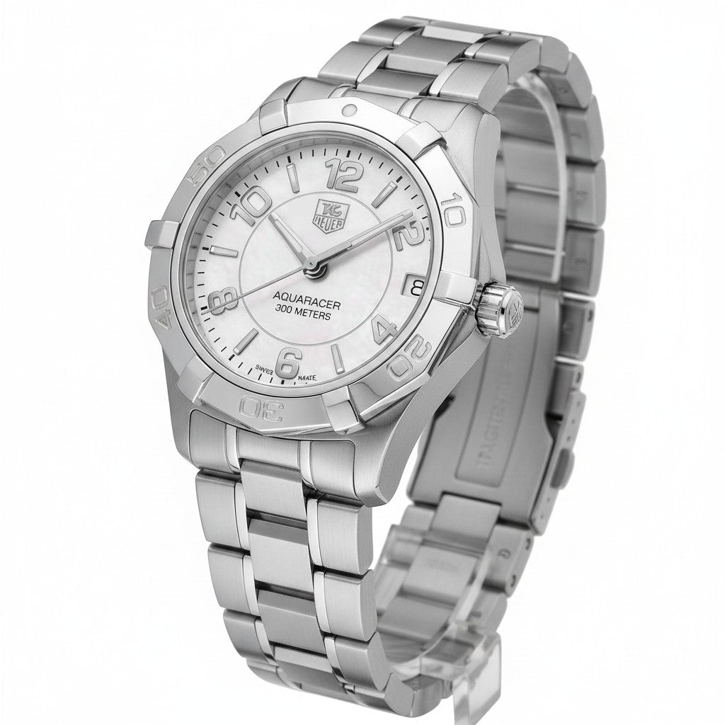Cassims&Co. pre-owned TAG Heuer Aquaracer ladies watch with a white mother-of-pearl dial and stainless steel bracelet.