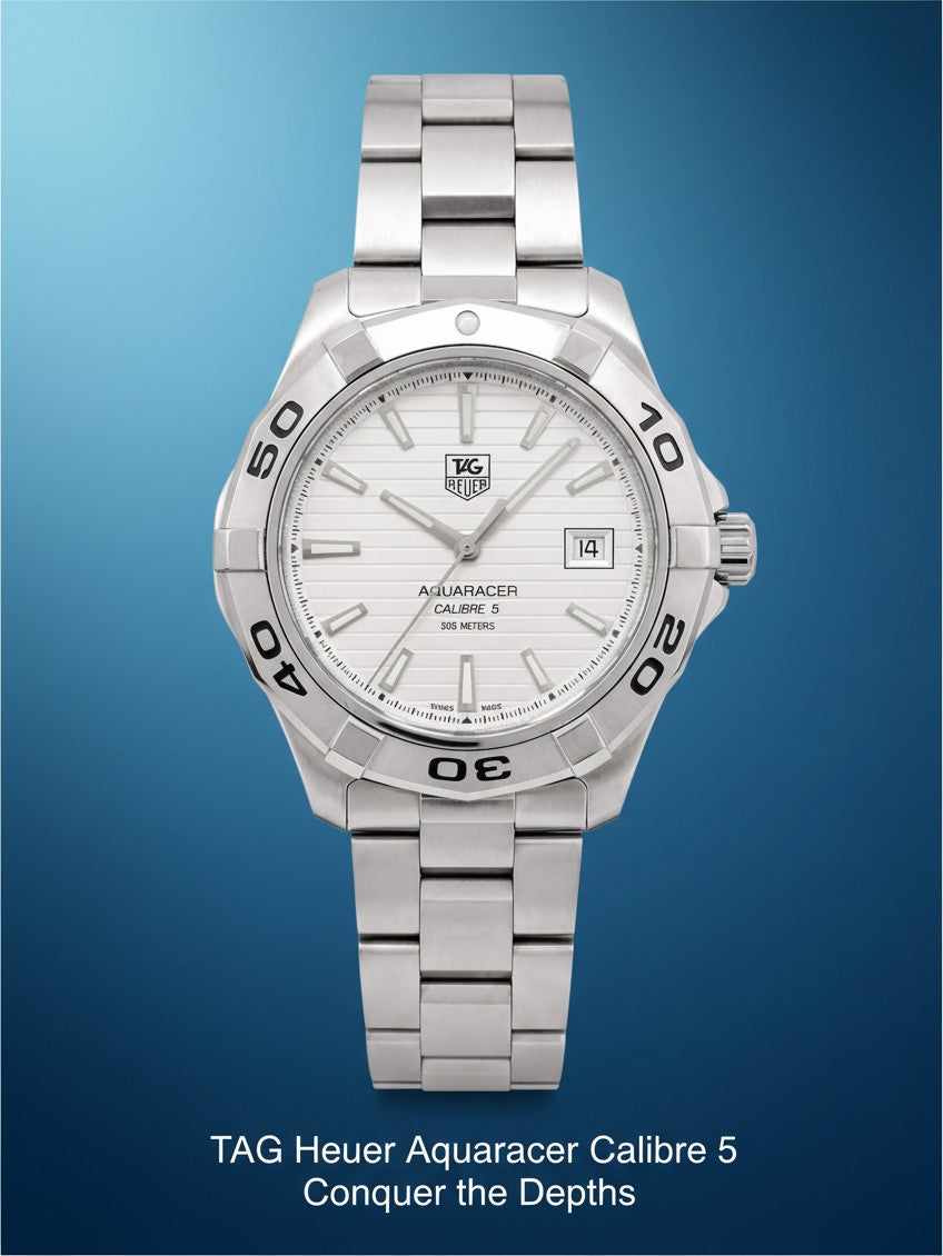 Cassims&Co. pre-owned TAG Heuer Aquaracer Calibre 5 watch with white textured dial and stainless steel bracelet