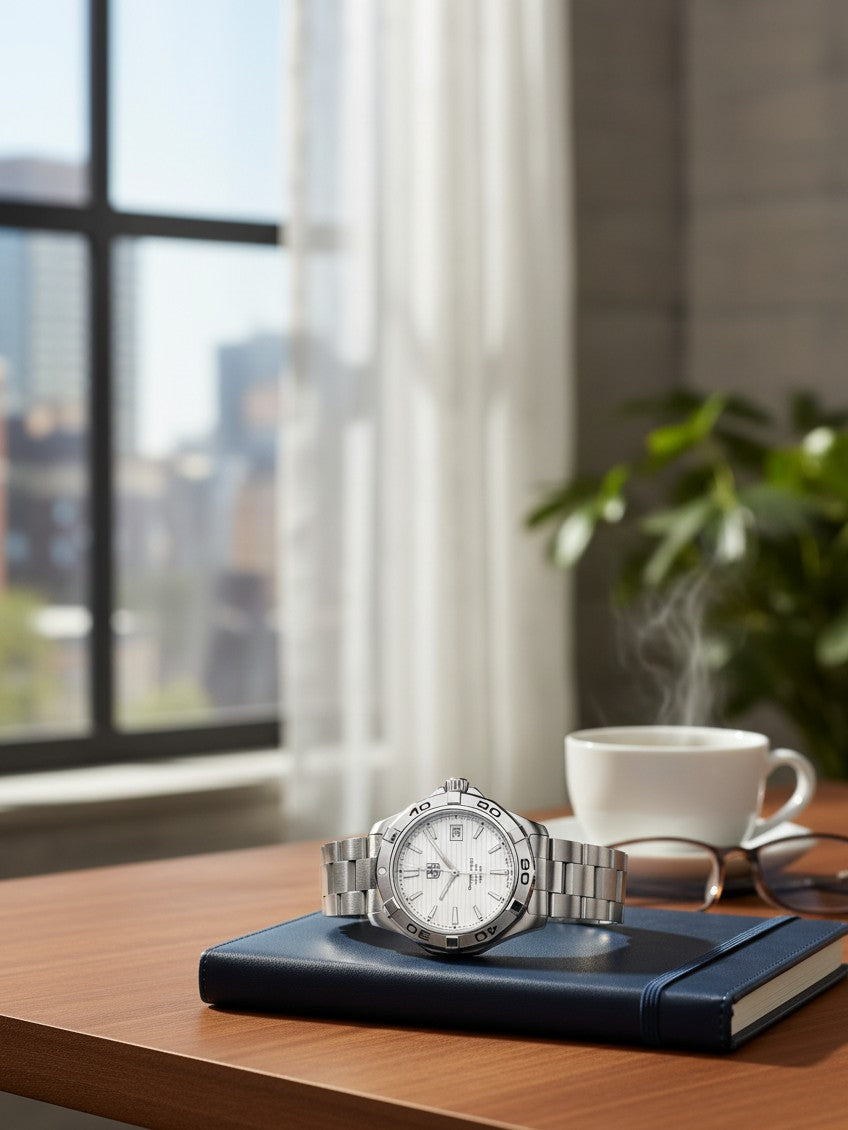 Cassims&Co. pre-owned TAG Heuer Aquaracer Calibre 5 watch with white dial and stainless steel bracelet on a desk