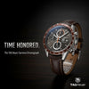 Cassims&Co. TAG Heuer Carrera automatic chronograph watch with a brown dial, tachymetre bezel, and brown leather strap.