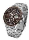 Cassims&Co. TAG Heuer Carrera Calibre 16 chronograph watch with a brown dial and stainless steel bracelet