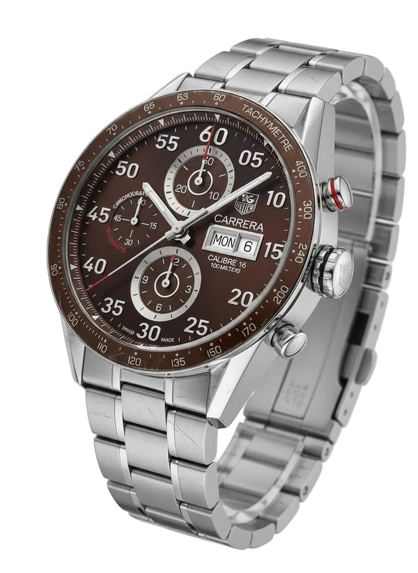 Cassims&Co. TAG Heuer Carrera Calibre 16 chronograph watch with a brown dial and stainless steel bracelet