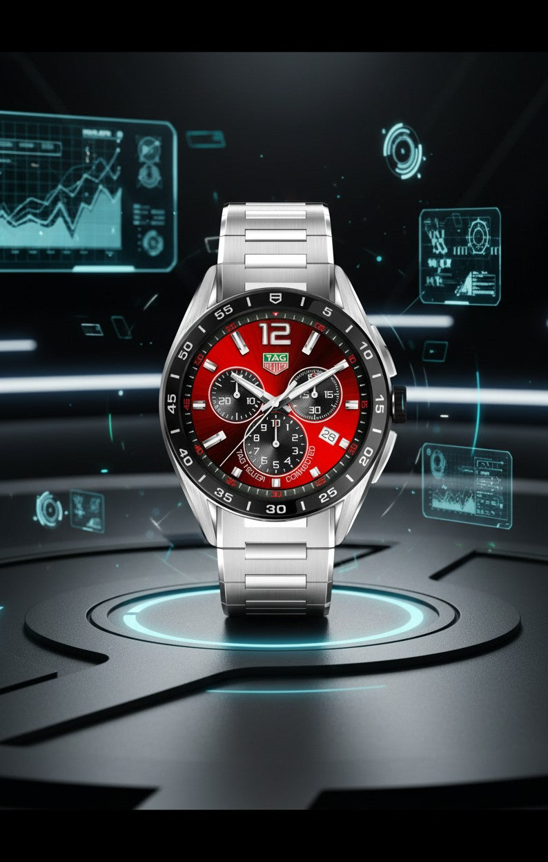 Cassims&Co. TAG Heuer Connected Calibre E4 smartwatch with a vibrant red dial and stainless steel bracelet.