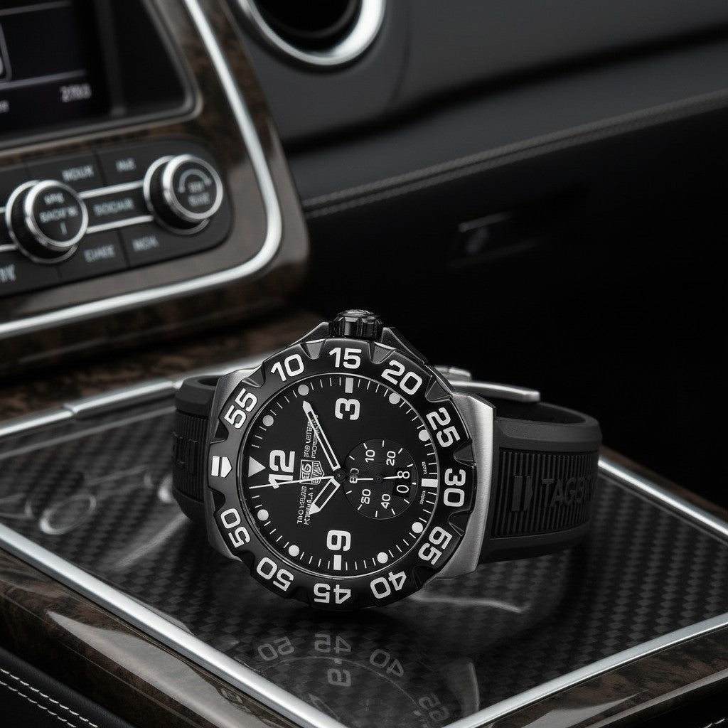 Cassims&Co. pre-owned TAG Heuer Formula 1 Grande Date watch with black dial and rubber strap on a car console