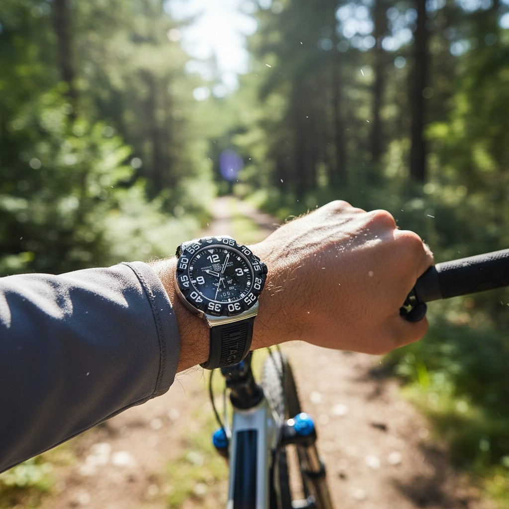 Cassims&Co. TAG Heuer Formula 1 Grande Date watch with black dial and rubber strap worn while mountain biking