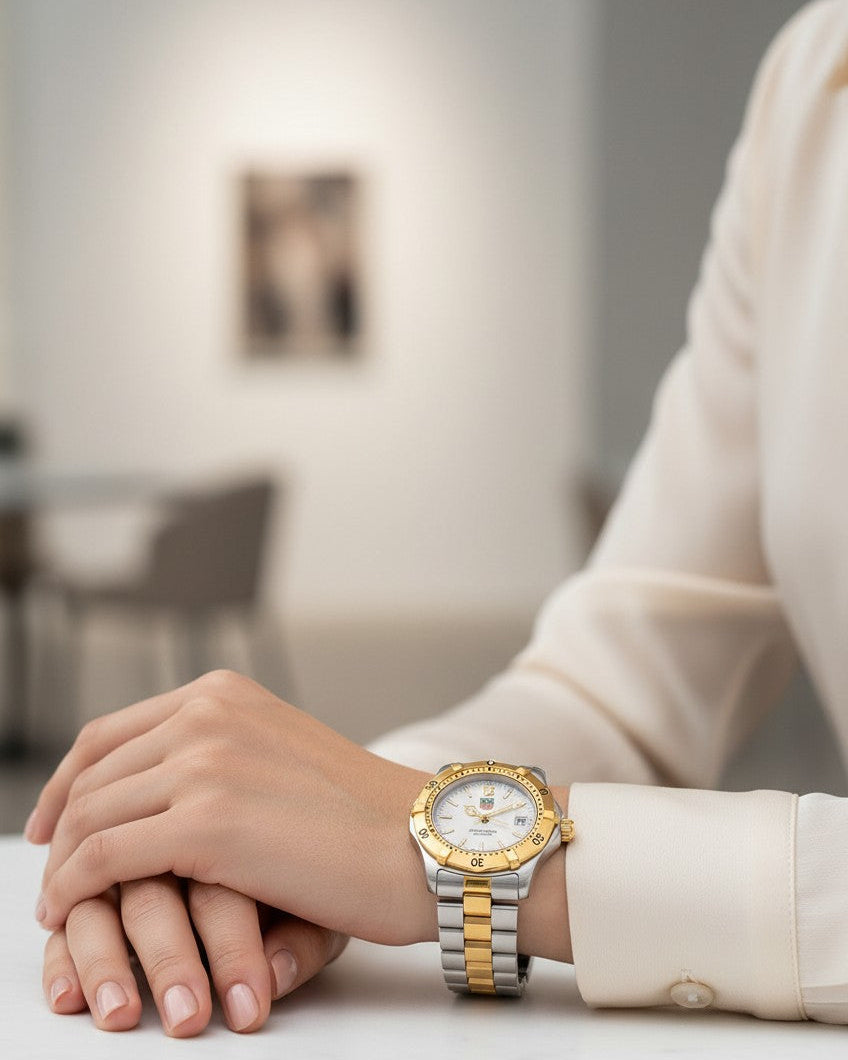 Cassims&Co. pre-owned TAG Heuer Professional 2000 two-tone ladies' diver watch with silver dial on a wrist